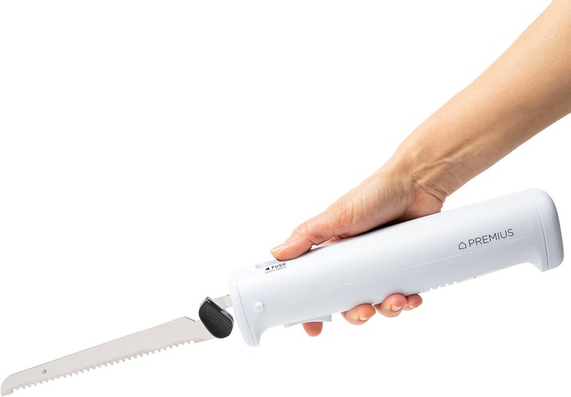 PREMIUS Professional Cordless Rechargeable Easy-Slice Electric Knife, Reciprocating Serrated Stainless-Steel Blades, Safety-Lock Trigger Release, Carving Meats, Turkey, Breads, Fruit, Crafting Foam, White - Image 1